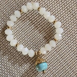 Crystal Bead Bracelet Turquoise Charm White Faceted Opaque Stretch Healing 7"